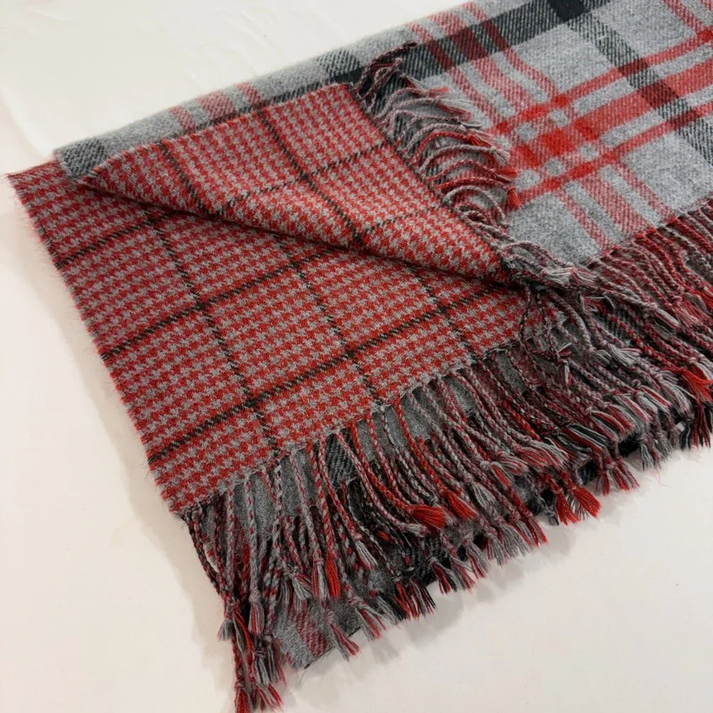 Pottery Barn Reversible Plaid Throw Blanket Red Grey Houndstooth Fringe 50x60